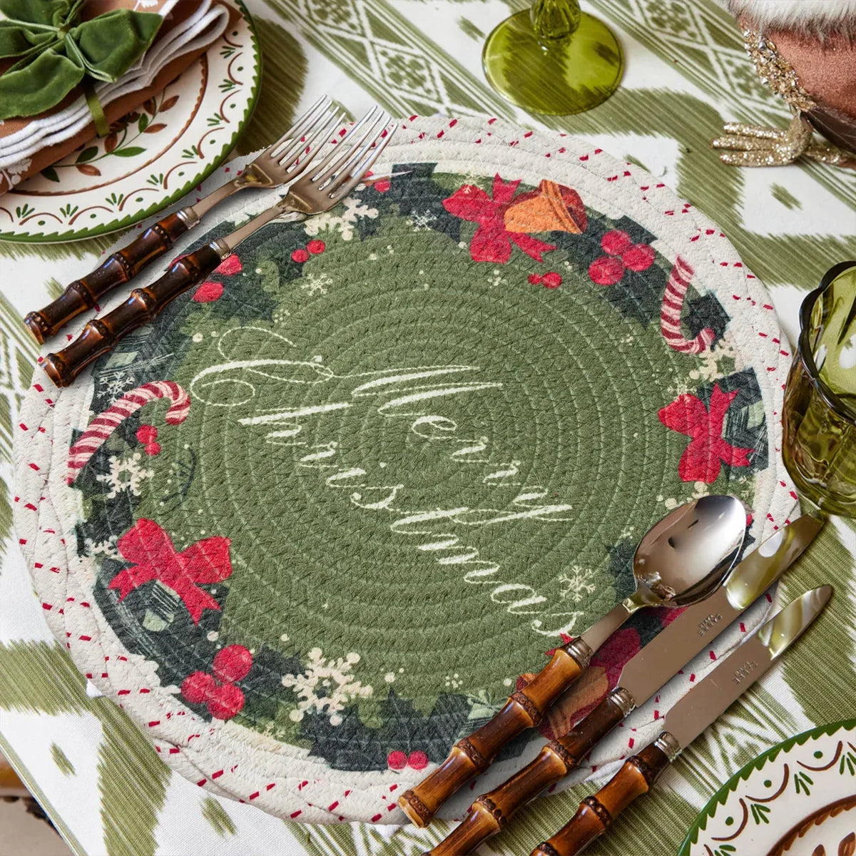 Christmas Tree Skirt Quilted Braided Cotton Hides Stand