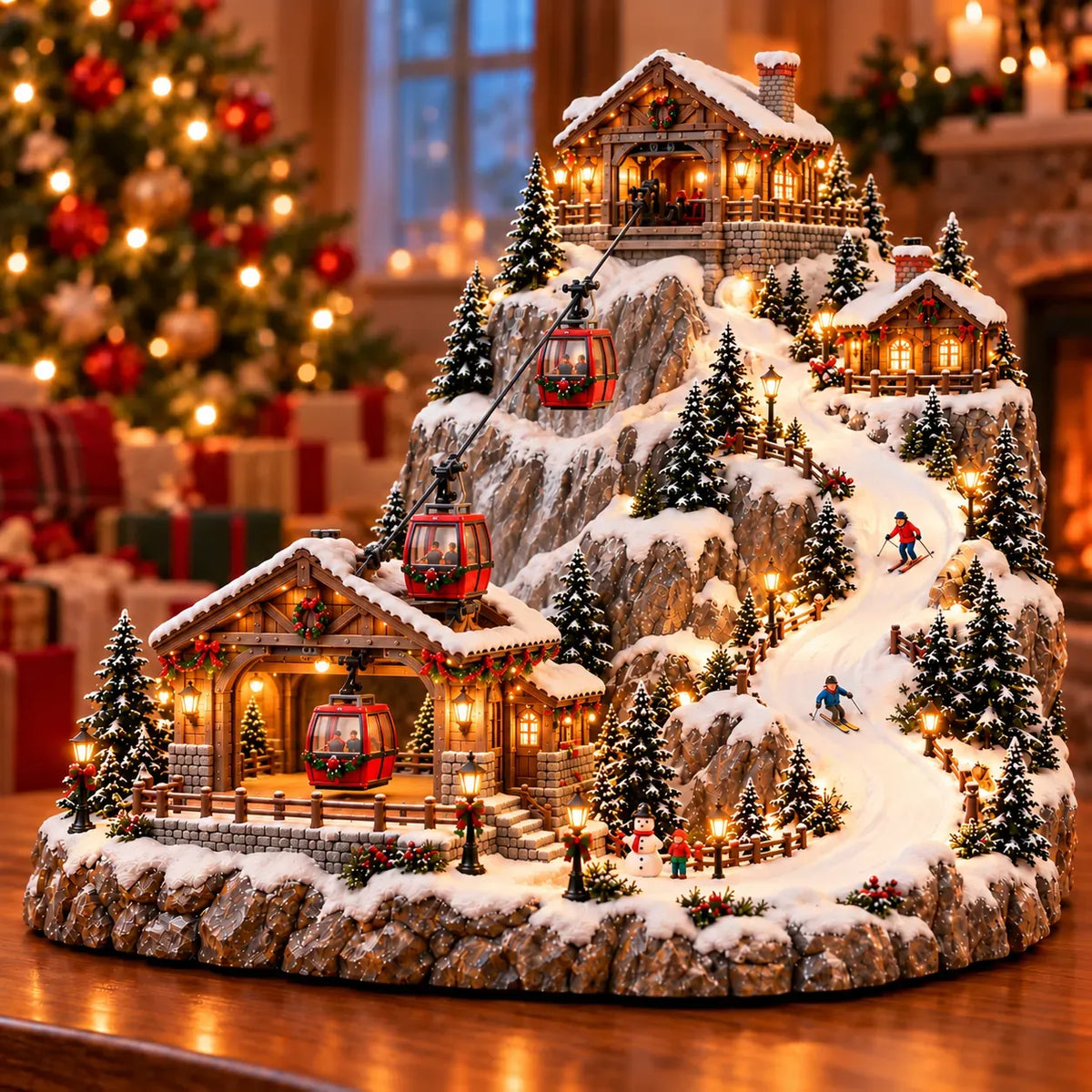 Christmas Village Decoration Animated Cable Cars & Skiers