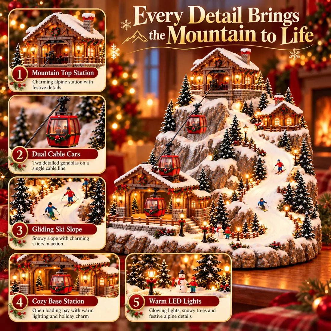 Christmas Village Decoration Animated Cable Cars & Skiers