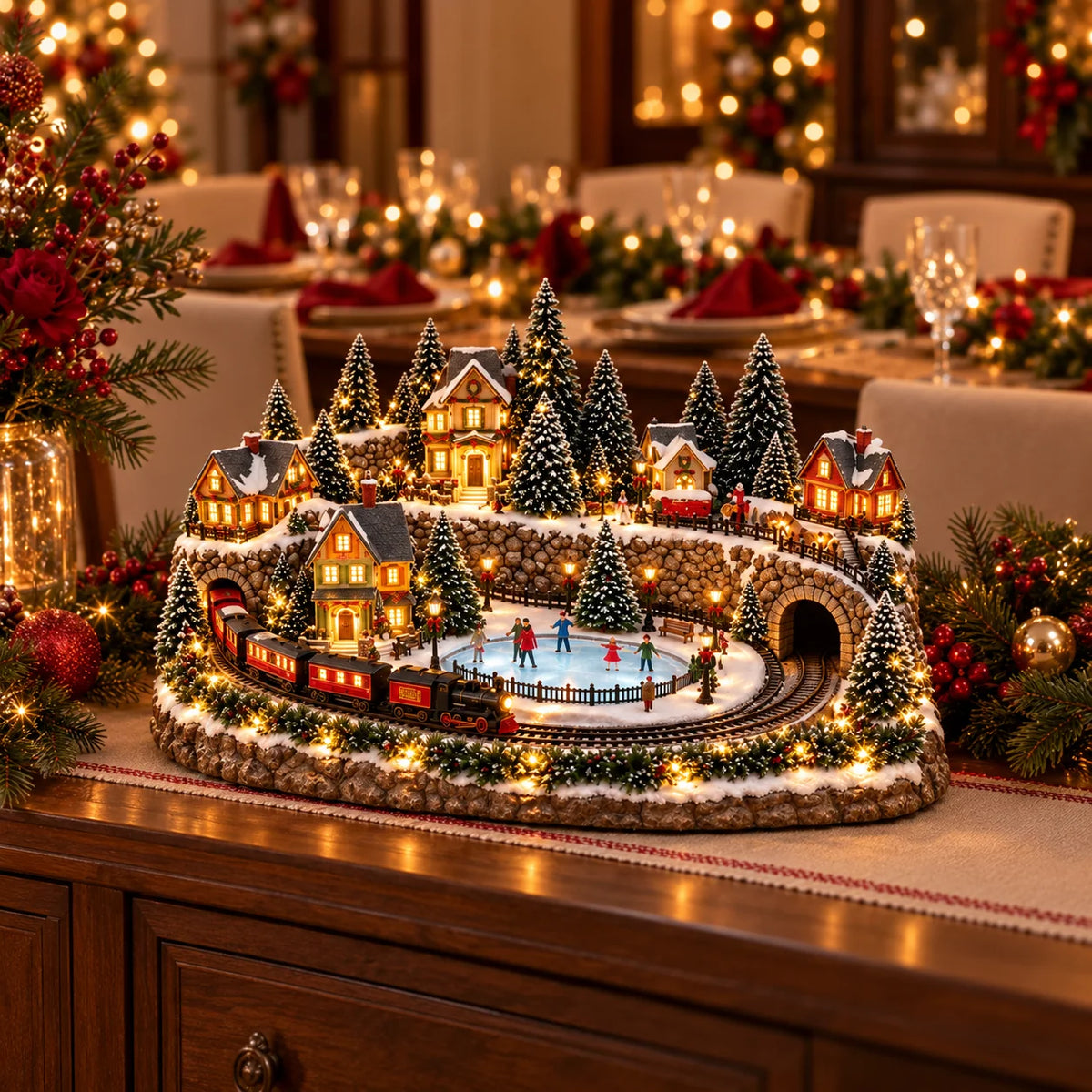 Christmas Village Decoration Animated Train Lighted Musical Scene