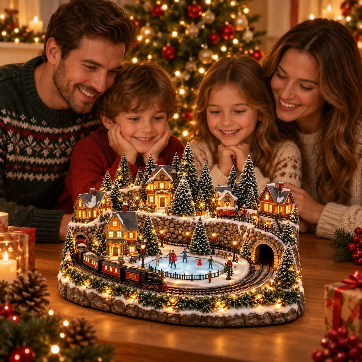 Christmas Village Decoration Moving Train Warm Lights