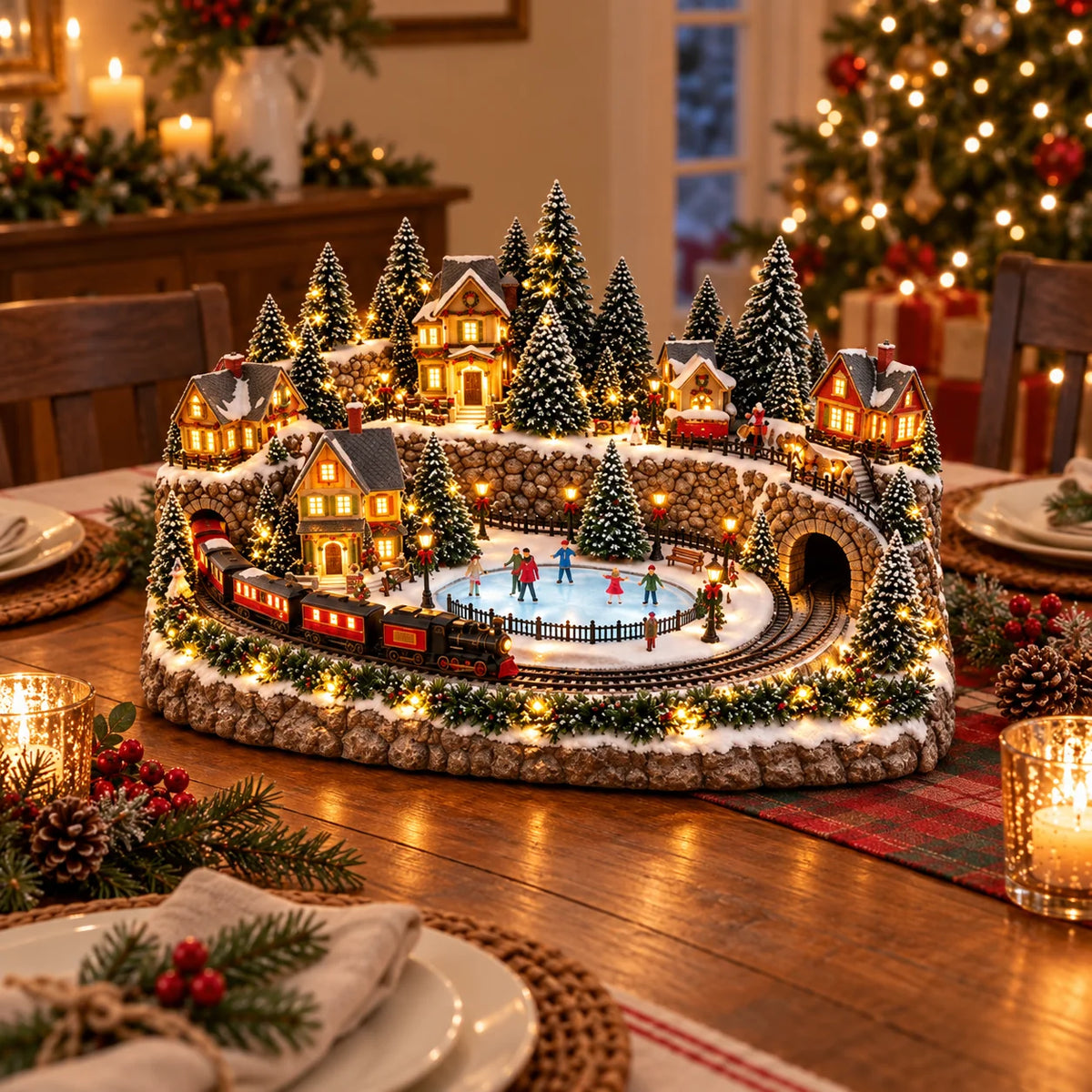 Christmas Village Decoration Moving Train Warm Lights