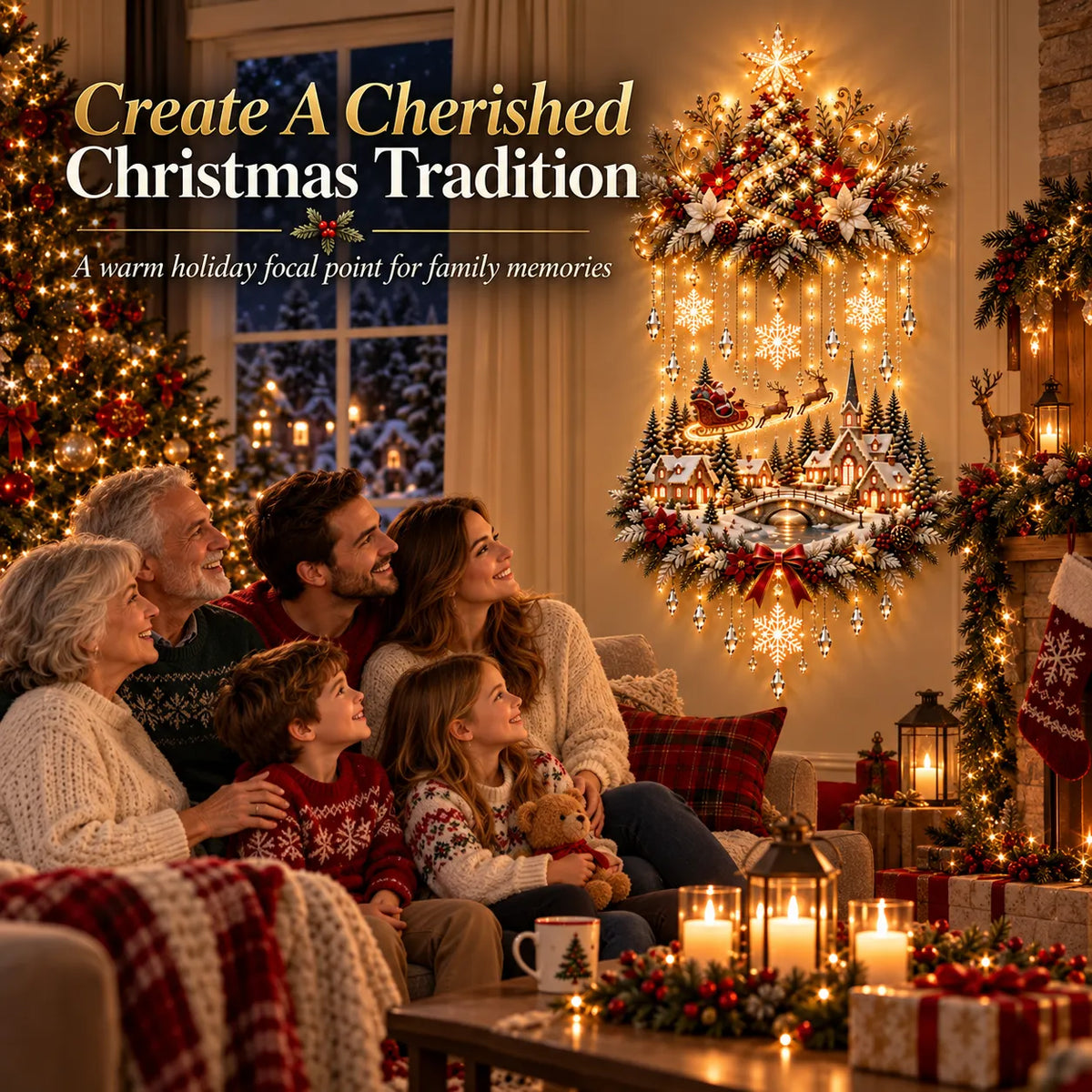 Christmas Wall Decor Tree & Village Warm Lights