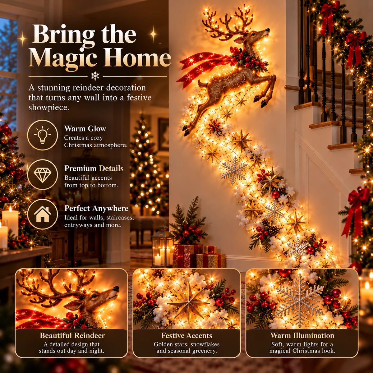 Christmas Wall Decoration Cascading Warm Golden Lights