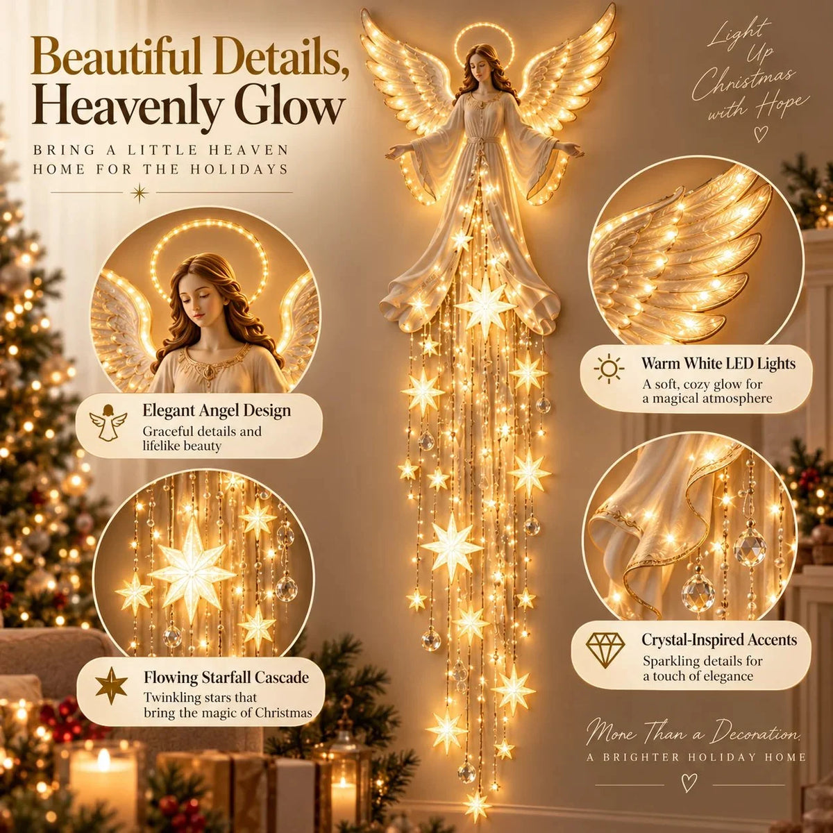 Christmas Wall Light Angel With Warm White Glow & Cascading Stars