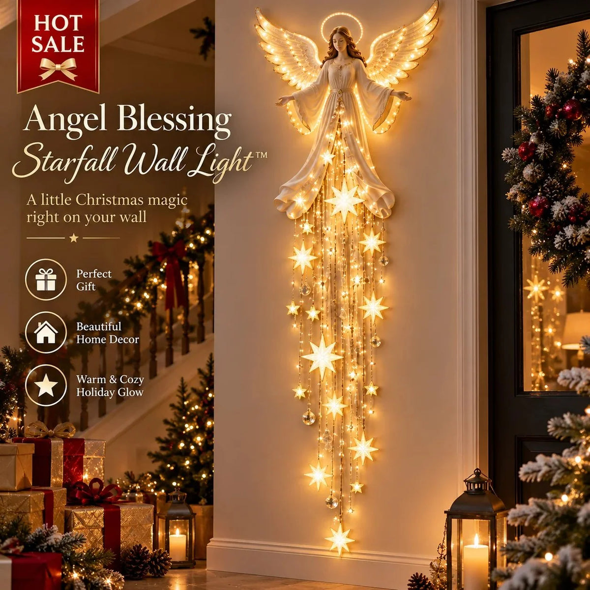 Christmas Wall Light Angel With Warm White Glow & Cascading Stars