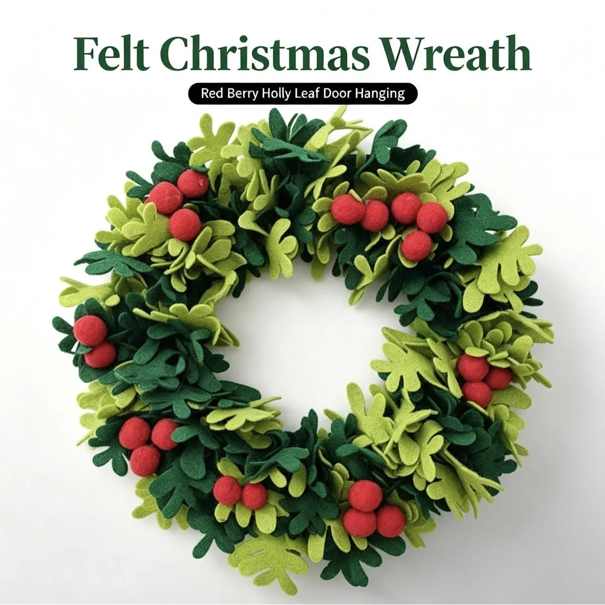 Christmas Wreath Felt Holly Leaves Red Berries 45 cm
