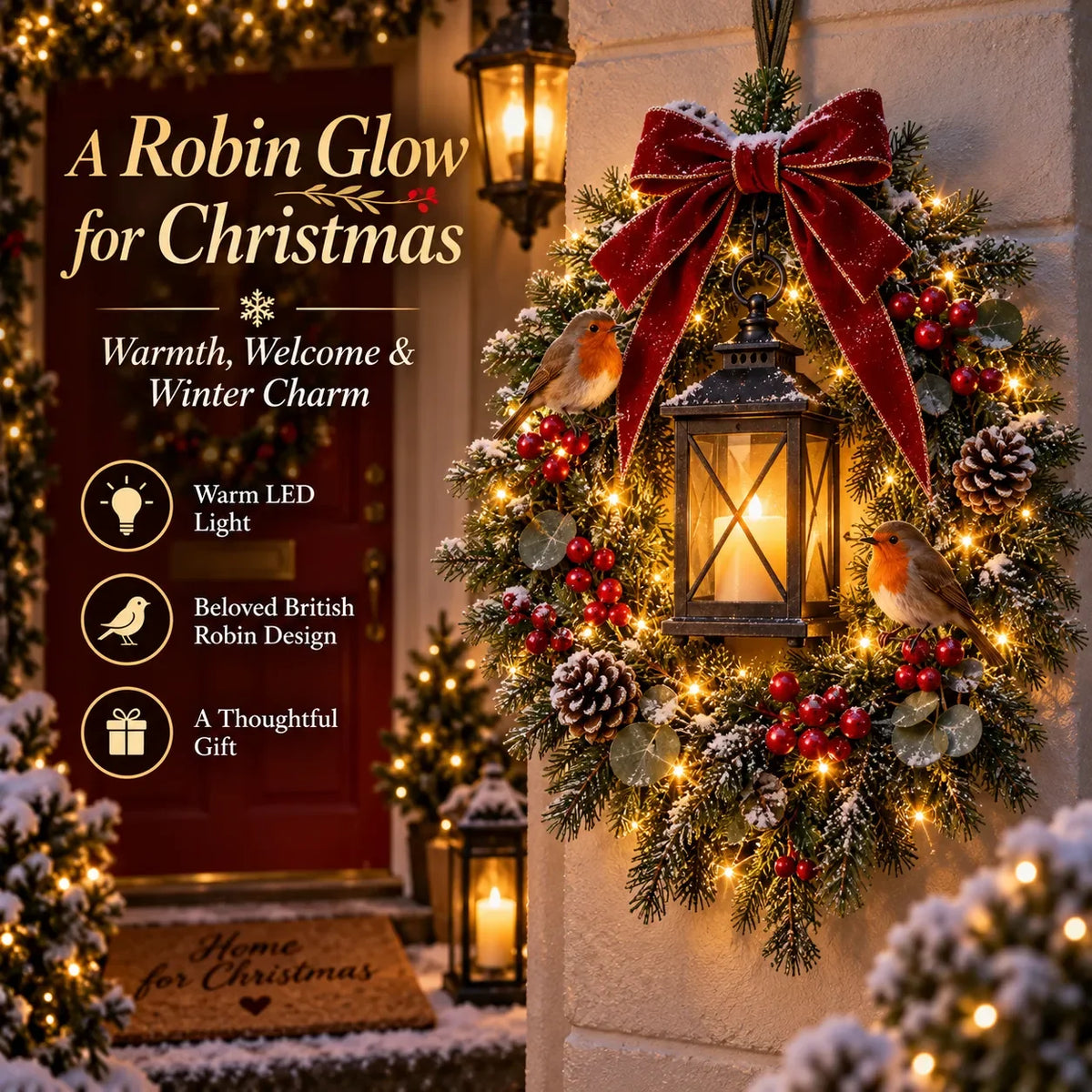 Christmas Wreath Illuminated Lantern & Robin Design