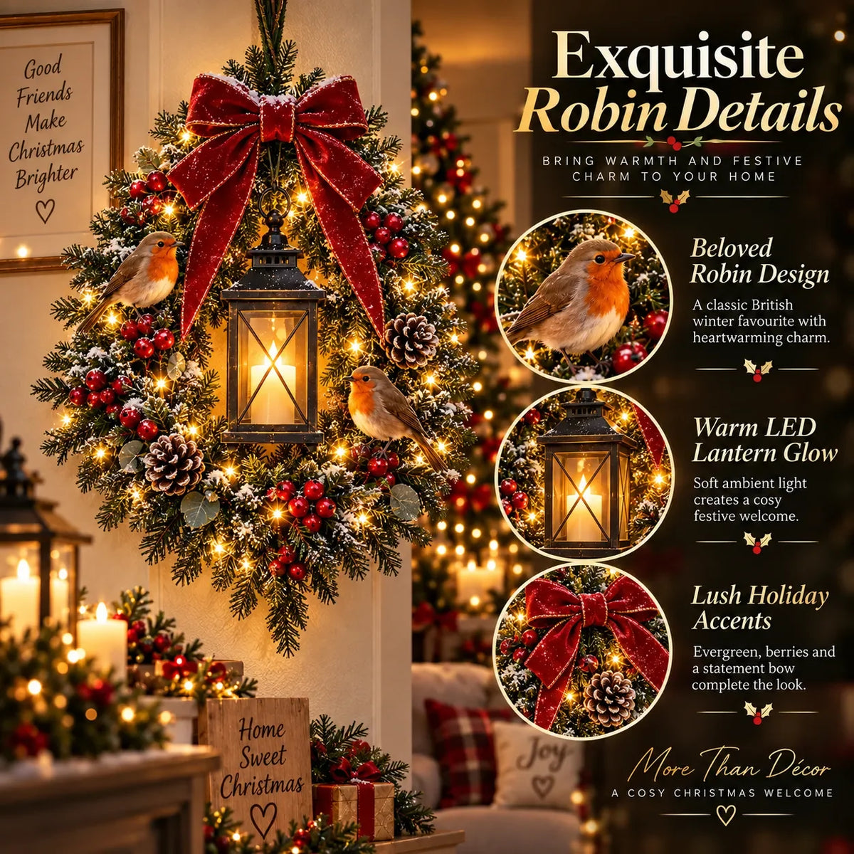 Christmas Wreath Illuminated Lantern & Robin Design