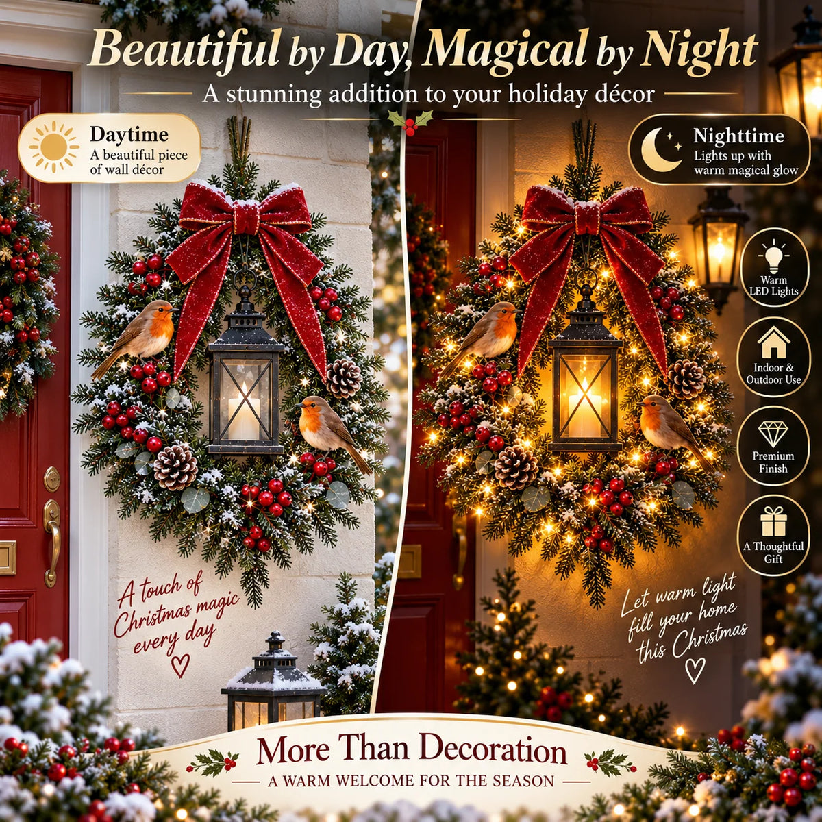 Christmas Wreath Illuminated Lantern & Robin Design