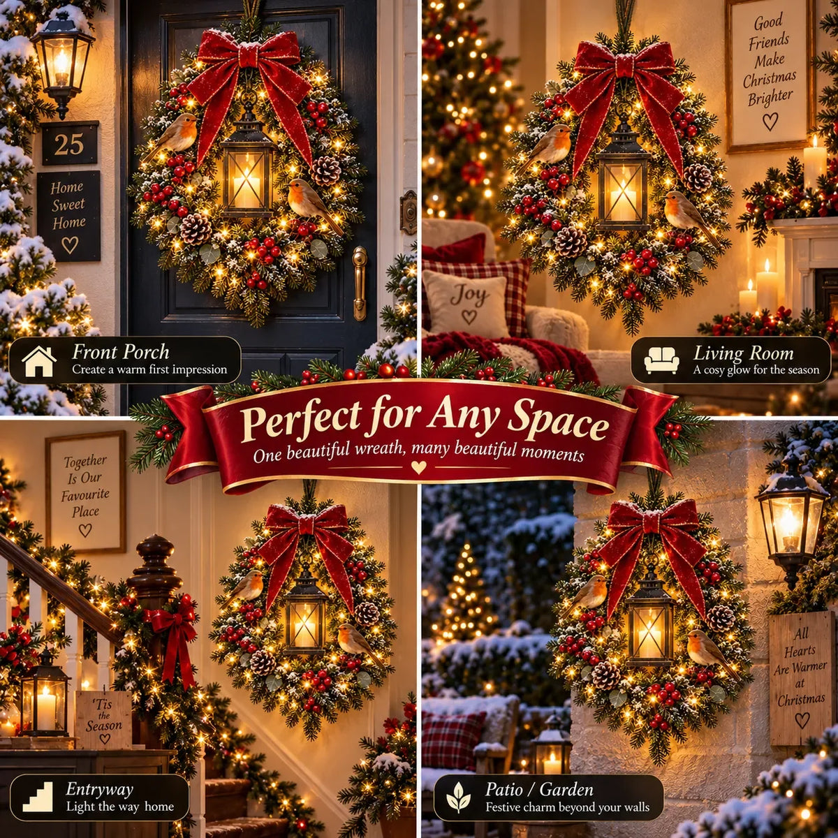 Christmas Wreath Illuminated Lantern & Robin Design