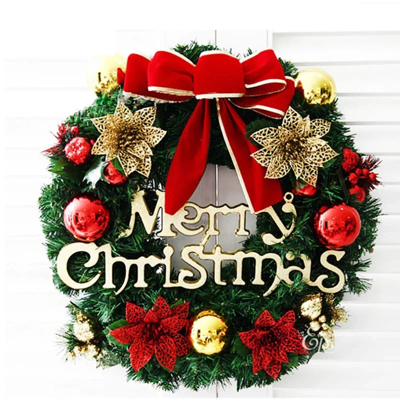 Christmas Wreath Red Bow & Gold Ornaments Ready To Hang
