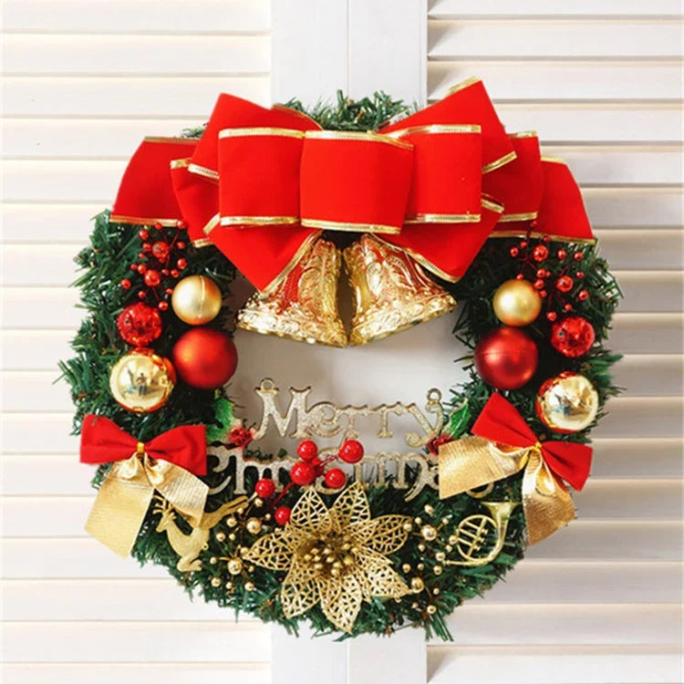 Christmas Wreath Red Bow & Gold Ornaments Ready To Hang