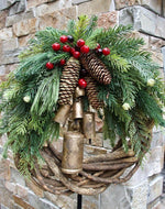 Christmas Wreath Vine Base Golden Bells Pinecones 17 Inch Indoor Outdoor