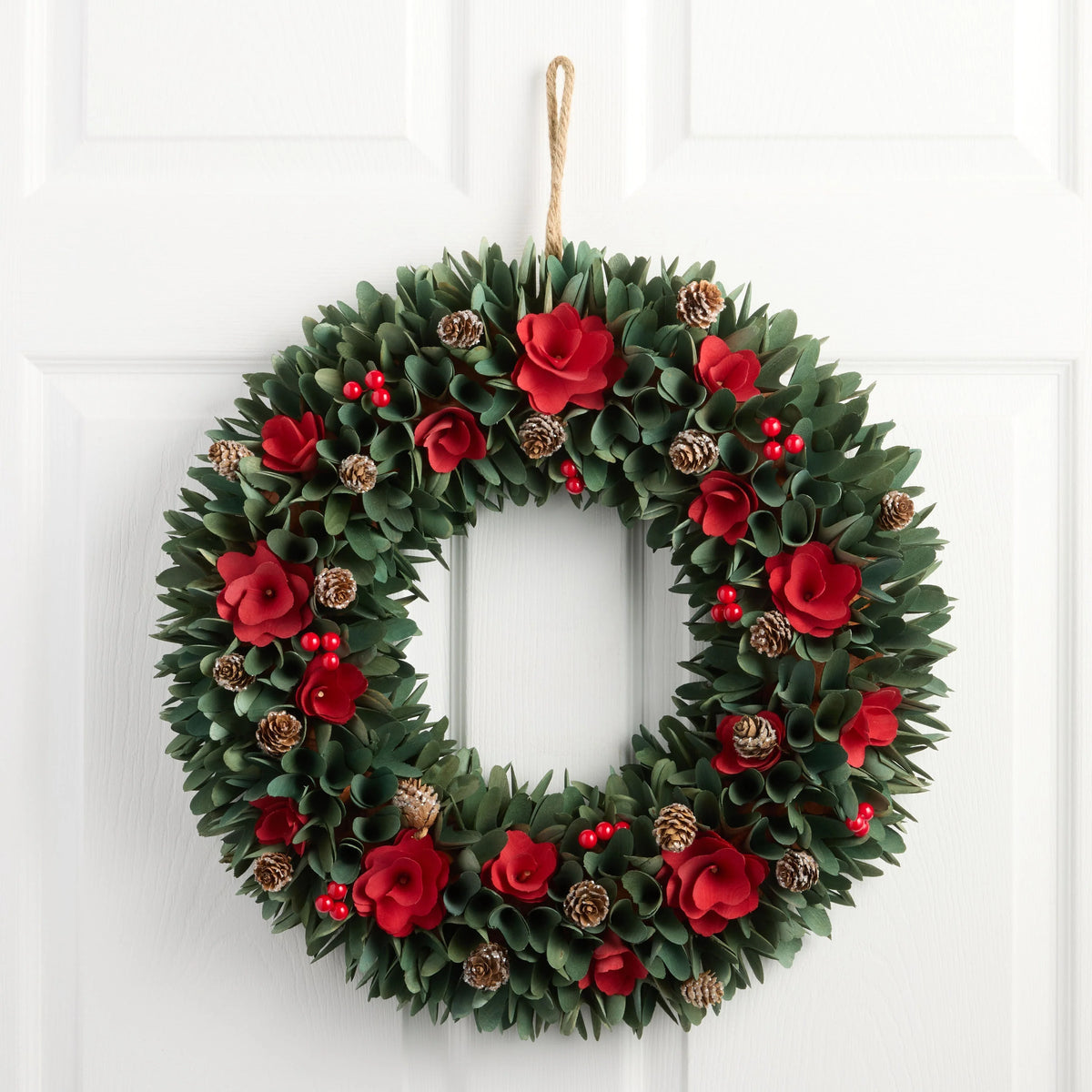 Christmas Wreath Wood Curl Design With Pinecones & Red Accents 20-Inch