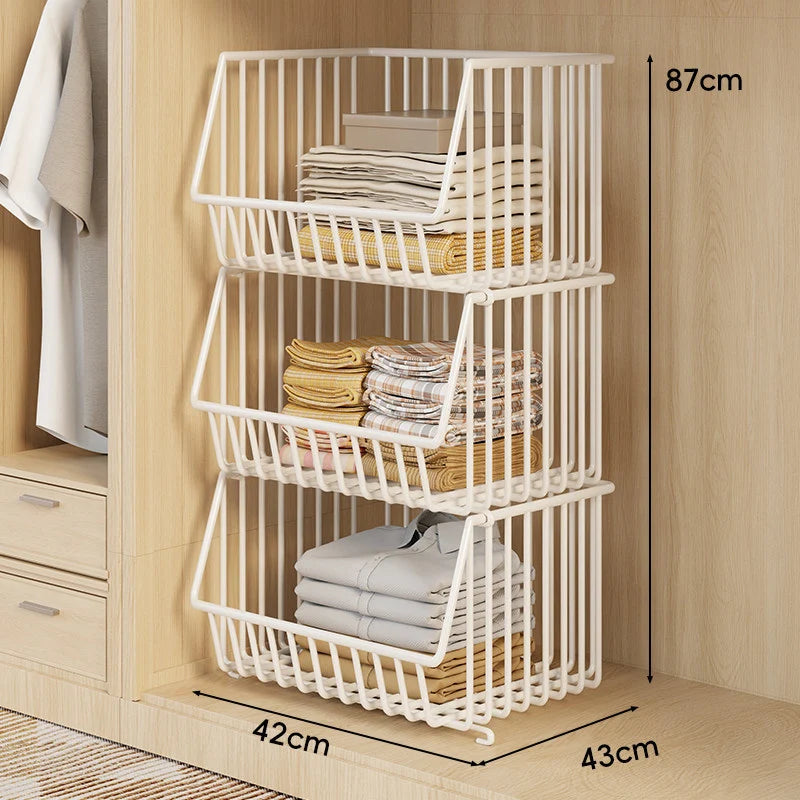Closet Basket Organizer Stackable 3-Tier Open-Front Steel Wire