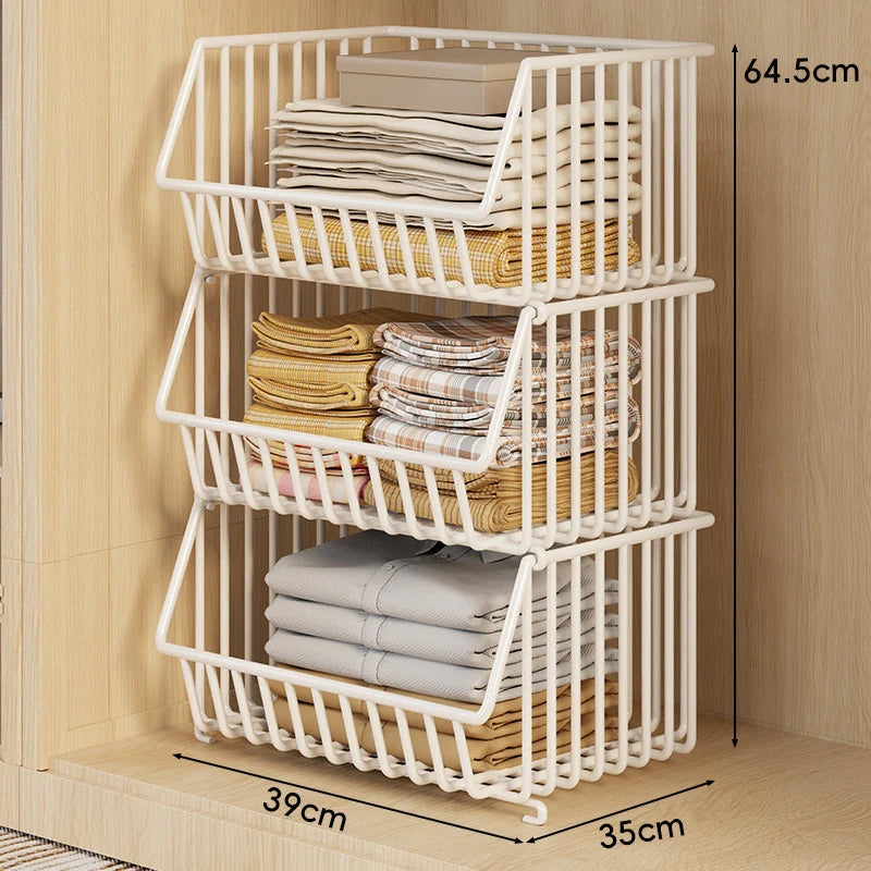 Closet Basket Organizer Stackable 3-Tier Open-Front Steel Wire