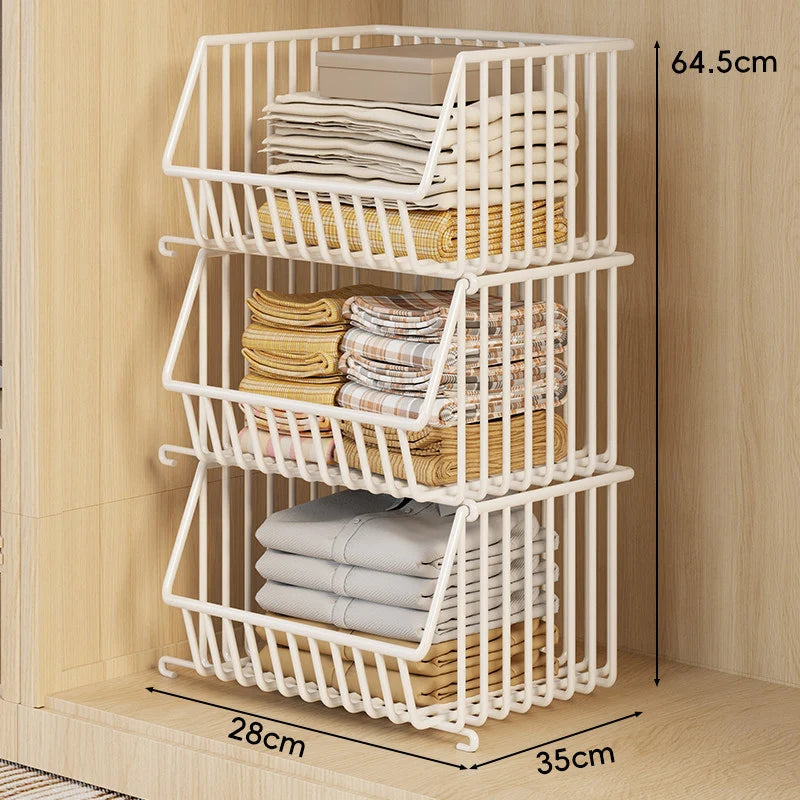 Closet Basket Organizer Stackable 3-Tier Open-Front Steel Wire