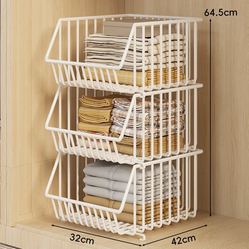 Closet Basket Organizer Stackable 3-Tier Open-Front Steel Wire