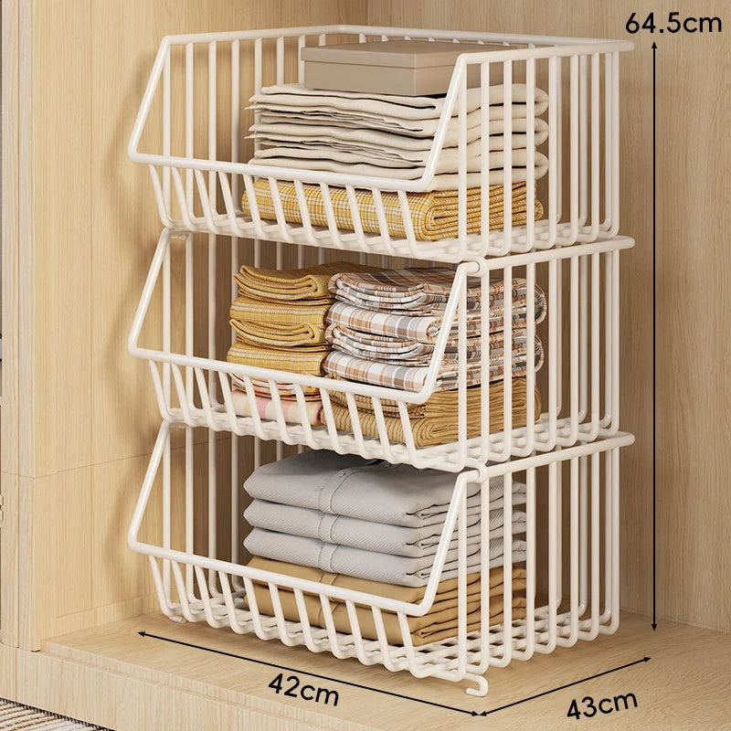 Closet Basket Organizer Stackable 3-Tier Open-Front Steel Wire