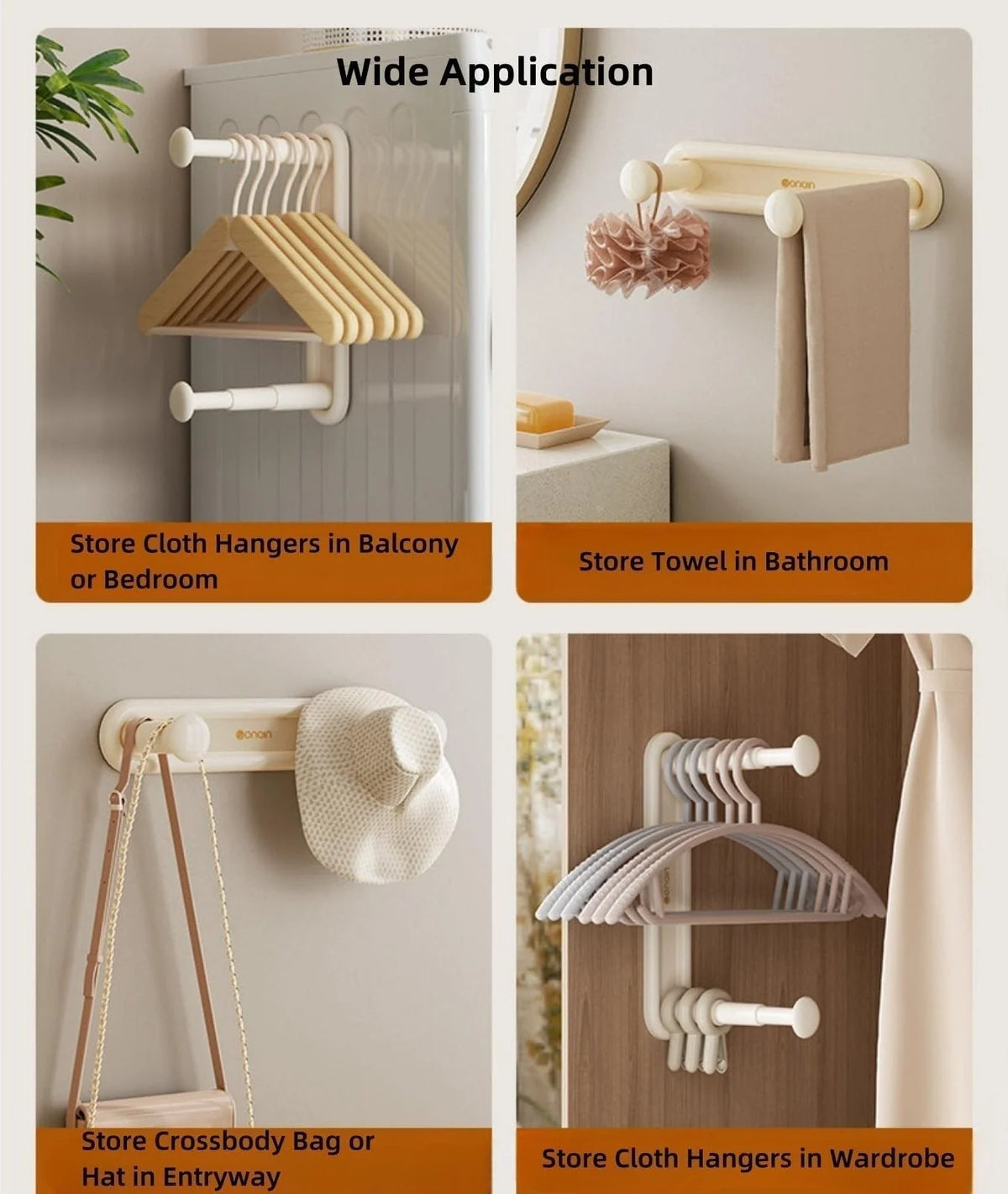 Clothing Rack Wall-Mounted Dual Rods Height-Adjustable ABS Plastic