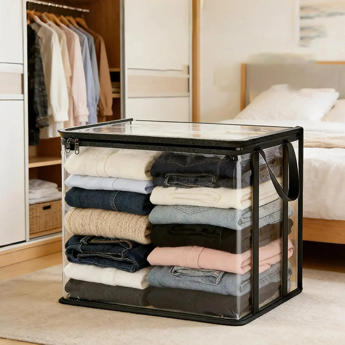 Clothing Storage Bags Clear Double-Zip Foldable Reinforced Handles