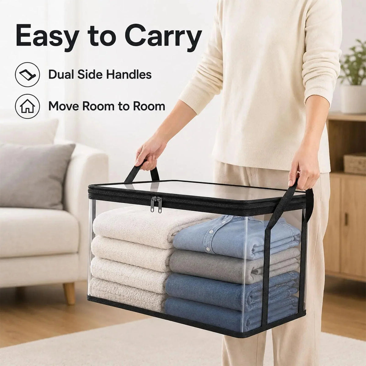 Clothing Storage Bags Clear Double-Zip Foldable Reinforced Handles
