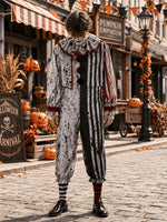 Clown Costume Striped Jumpsuit Ruffled Collar Horror-Inspired Design