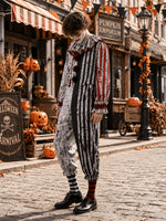 Clown Costume Striped Jumpsuit Ruffled Collar Horror-Inspired Design