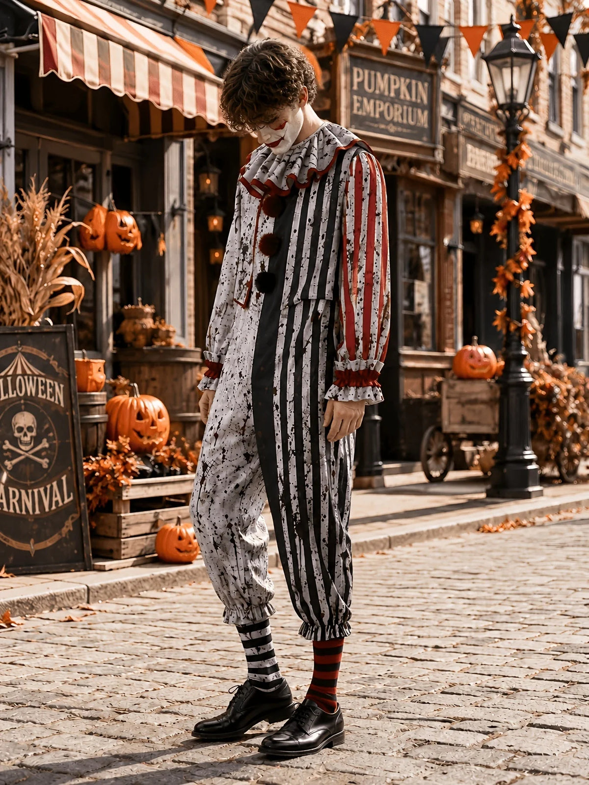 Clown Costume Striped Jumpsuit Ruffled Collar Horror-Inspired Design