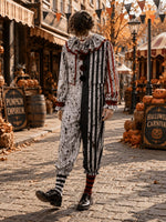 Clown Costume Striped Jumpsuit Ruffled Collar Horror-Inspired Design