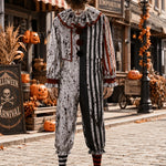 Clown Costume Striped Jumpsuit Ruffled Collar Horror-Inspired Design