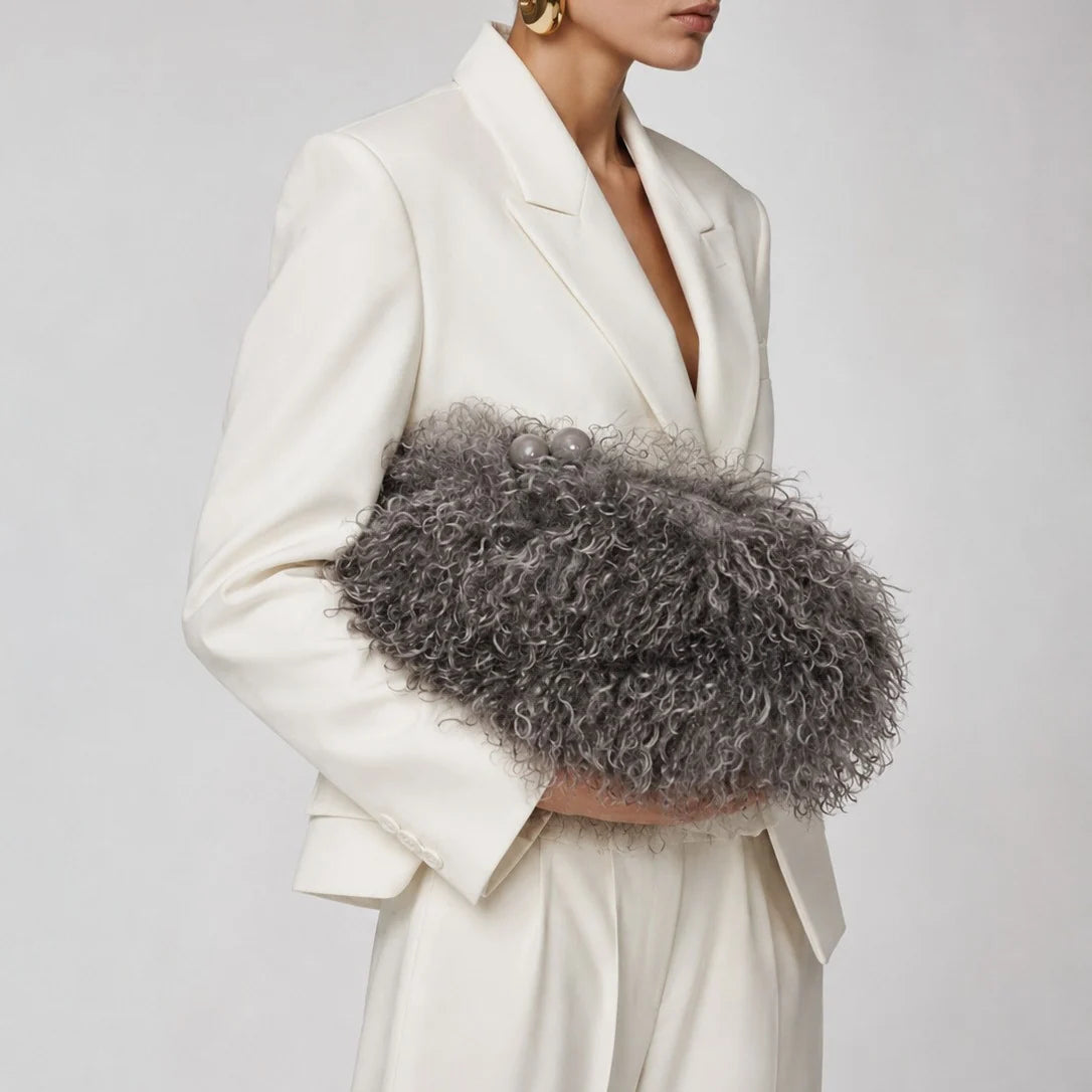 Clutch Bag Plush Fur Texture Secure Clasp Closure