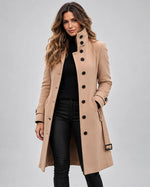 Coat Wool-Blend Longline High Collar Buckled Waist