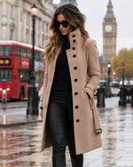 Coat Wool-Blend Longline High Collar Buckled Waist