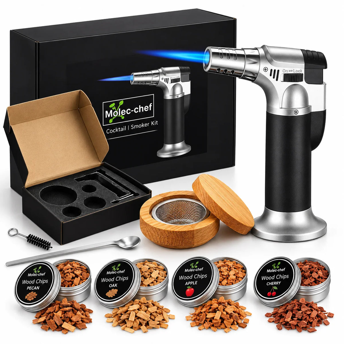 Cocktail Smoker Kit Engraved Lid Torch & Wood Chips