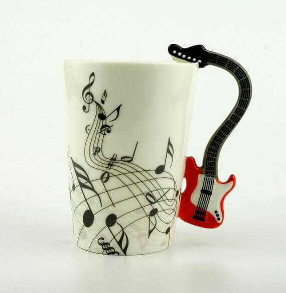 Coffee Mug Ceramic Guitar Design & Musical Notes