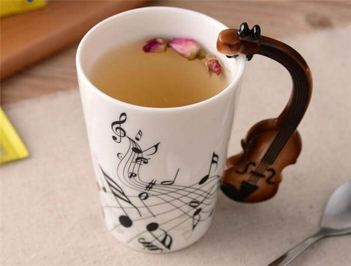 Coffee Mug Ceramic Guitar Design & Musical Notes