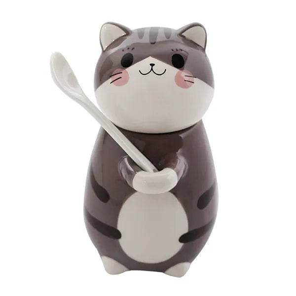 Coffee Mug Lucky Cat Design Ceramic Lid & Spoon