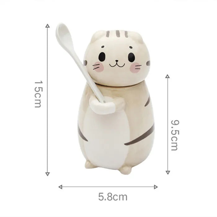 Coffee Mug Lucky Cat Design Ceramic Lid & Spoon
