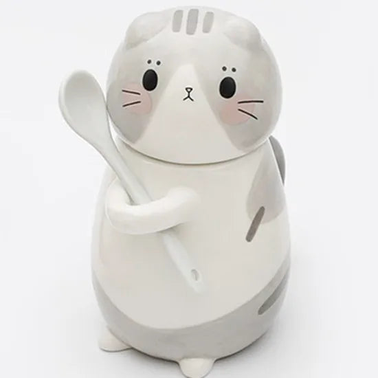 Coffee Mug Lucky Cat Design Ceramic Lid & Spoon