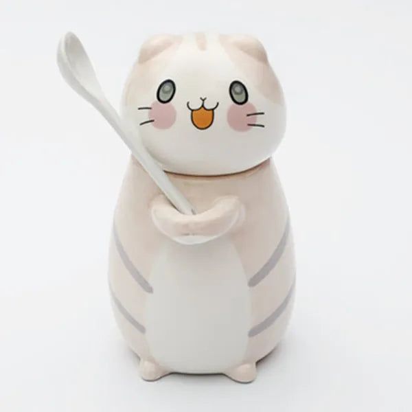 Coffee Mug Lucky Cat Design Ceramic Lid & Spoon