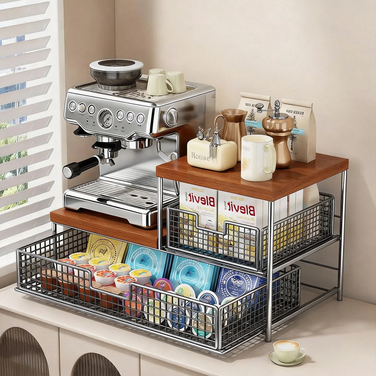 Coffee Station Organizer Raised Wood Shelf Pull-Out Basket