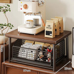 Coffee Station Organizer Raised Wood Shelf Pull-Out Basket