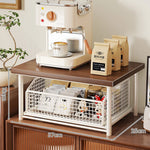 Coffee Station Organizer Raised Wood Shelf Pull-Out Basket