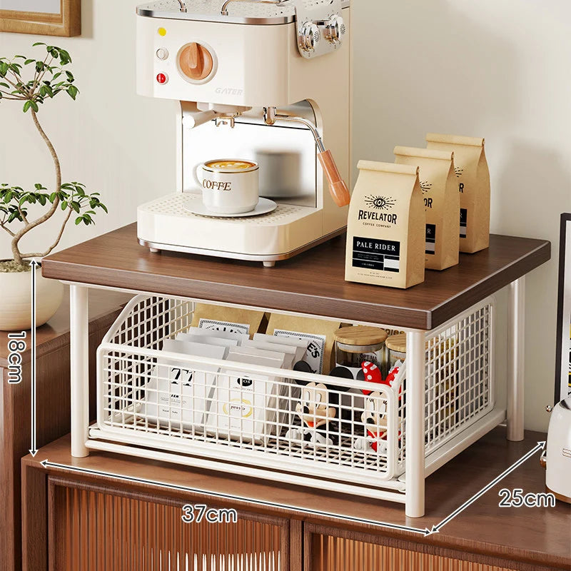 Coffee Station Organizer Raised Wood Shelf Pull-Out Basket