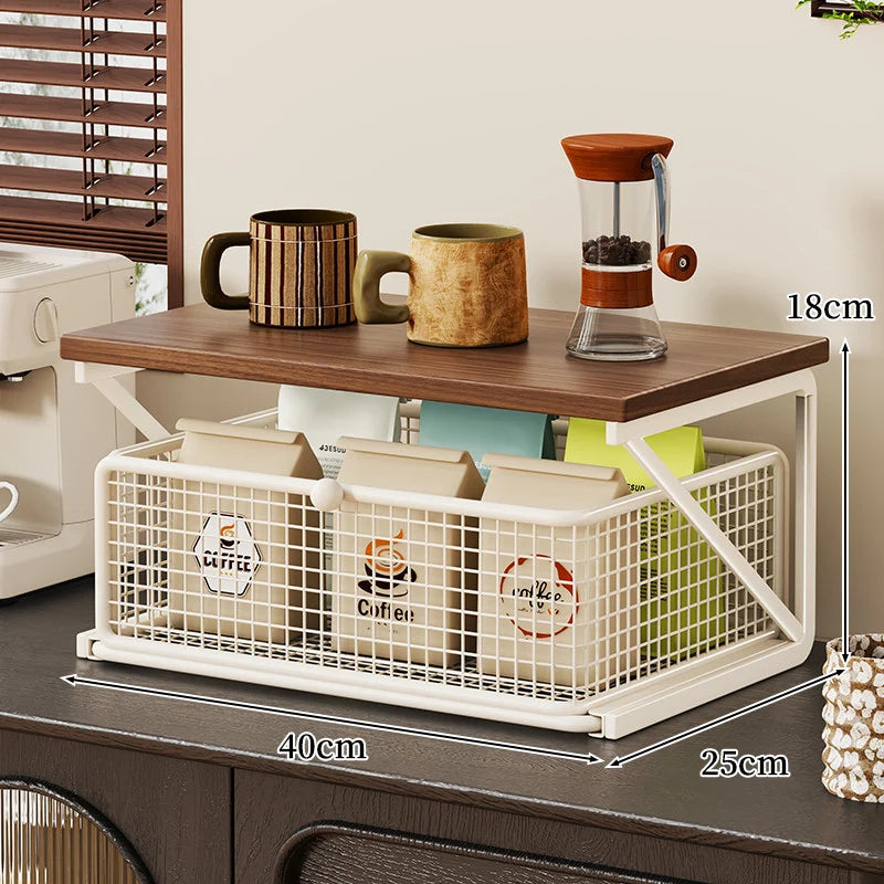 Coffee Station Organizer Wooden Top Metal Mesh Basket