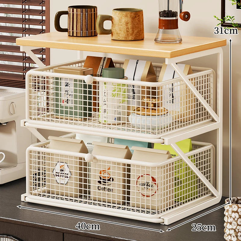 Coffee Station Organizer Wooden Top Metal Mesh Basket