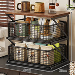 Coffee Station Organizer Wooden Top Metal Mesh Basket