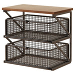 Coffee Station Organizer Wooden Top Metal Mesh Basket